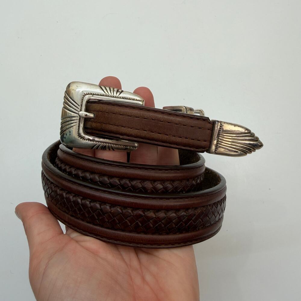 Vintage Brown Leather Silver Buckle Belt 34